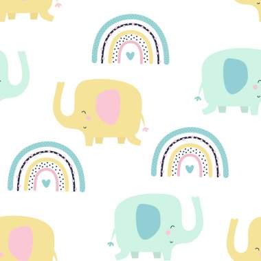 cartoon seamless vector pattern of cute rainbows and elephants on white background, colored creative scandinavian texture for fabric, wrapping, textile, wallpaper, apparel, vector illustration in flat style