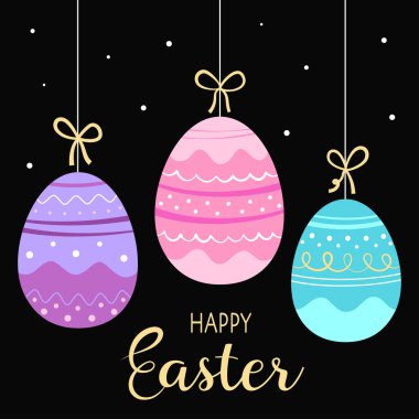 happy easter greeting card with colored easter eggs and holiday wishes on black background, vector illustration in flat style