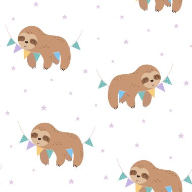 funny sloth seamless pattern, birthday print of cute bear, bright festive background for decorating holidays and festivals, vector flat illustration