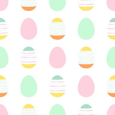 seamless vector pattern with cartoon painted eggs on white background, scandinavian style, flat design, concept for easter day, textile print, wallpaper, wrapping paper, packaging