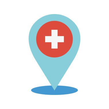 Hospital location pin icon. Cross plus geotag location pin medical. Vector illustration