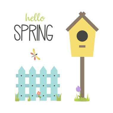 spring greeting card of cute birdhouse, fence, flowers and dragonfly, colored vector illustration, flat style