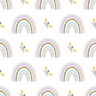 scandinavian seamless pattern with rainbows and dragonflies, cute texture, modern ornament in vector, perfect for fabric or childish design, flat design