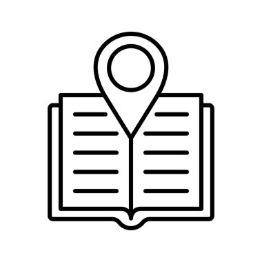 Bookstore location icon. Open book with location mark. City library location, place to read. Vector illustration.