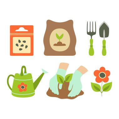 set of agriculture objects, instruments for cultivation, plants seedling process, stage plant growth, fertilizers and greenhouse, flat style