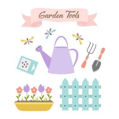 vector illustration of different garden elements, plants in flowerpot, fence, watering can, shovel, rake and seeds in flat style isolated on white background, gardening concept