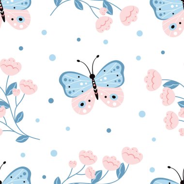 flowers and butterflies seamless pattern, vector illustration in cartoon style, insects texture for fabric, paper, cute modern flat design
