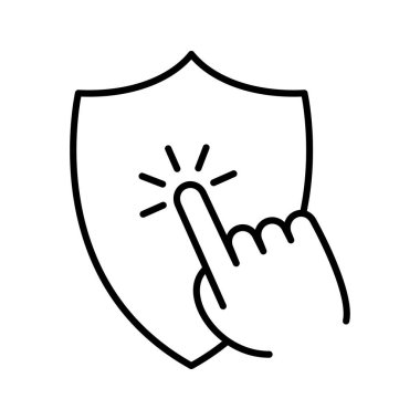Finger clicking, on security shield icon. Choose high rated security, safety, protection concept. Vector illustration.