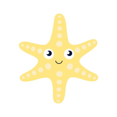 vector illustration of cute cartoon starfish with happy face, yellow smiling sea star, color character for children, adorable marine creature isolated on white background