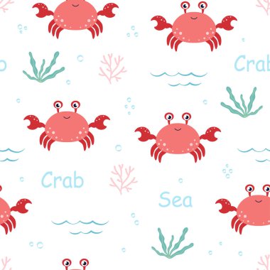 vector colored childish seamless flat pattern with crabs and plants in scandinavian style on white background, cartoon print for kids with crabs, sea ocean, underwater world