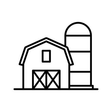 Barn house with grain storage silo. Farm and agriculture barn icon. Vector illustration.