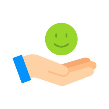 Human holding happy emoji line icon. Motivation, keeping a good mood. Psychology of positive thinking. Vector illustration.