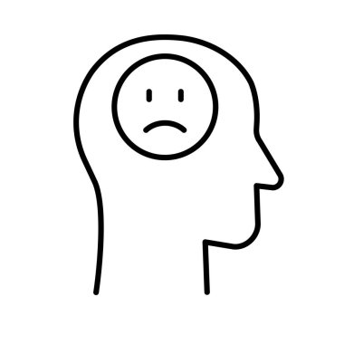 Negative thinking icon. Human head with sad smile in glyph style. Vector illustration.