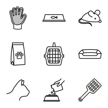 Set of pet related icons. Pet shop. Pictogram isolated on white background. Vector illustration.