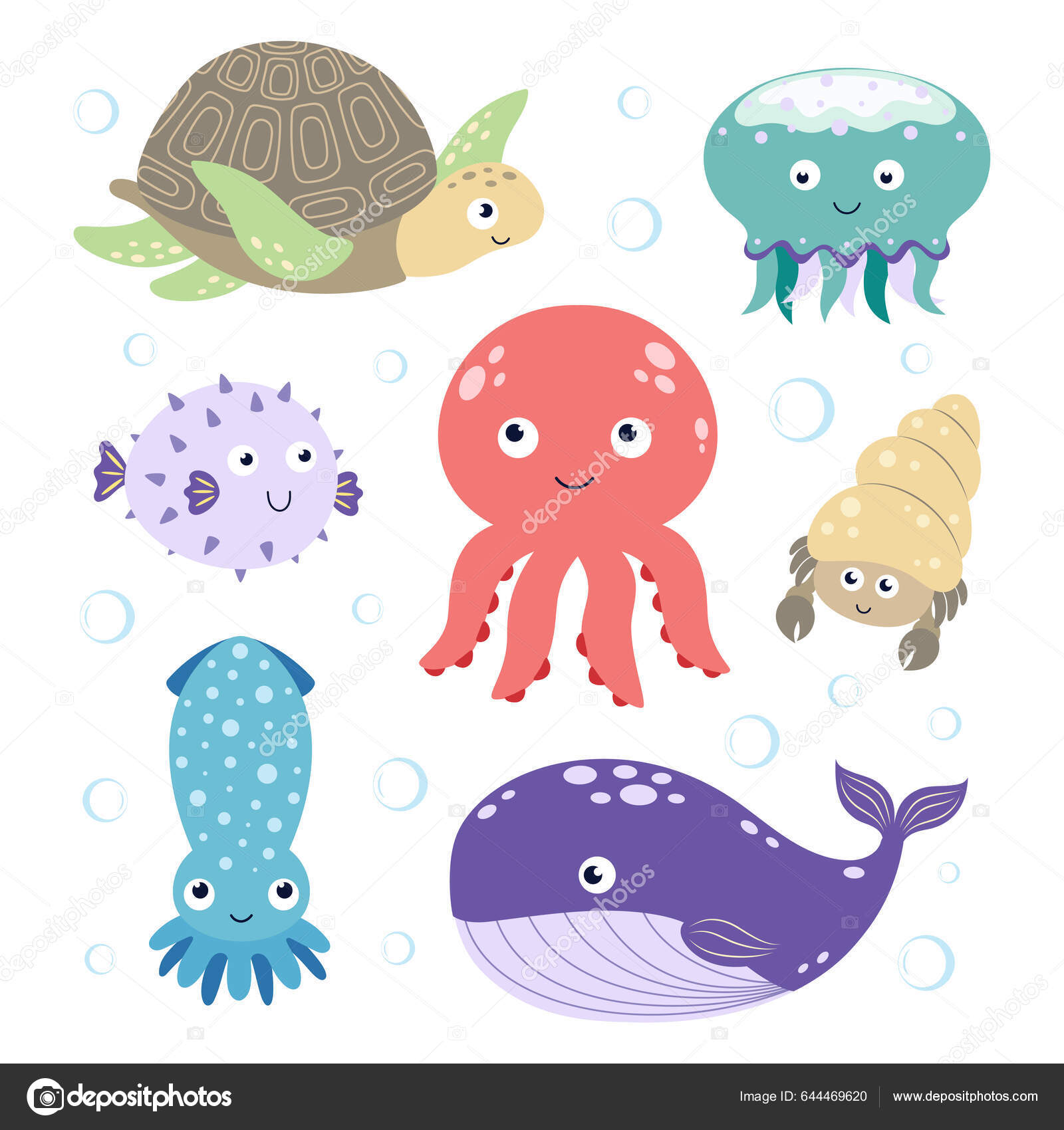 Conjunto Criaturas Subaquáticas Vetor Isolado Coleta Tartaruga Marinha  Baleia Caranguejo Vetor de ©Makc76 644469620, image size:1600x1700