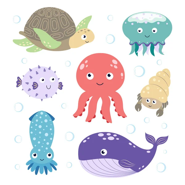 Underwater Creature Set Vector Isolated Sea Animal Collection Turtle Whale — Stock Vector