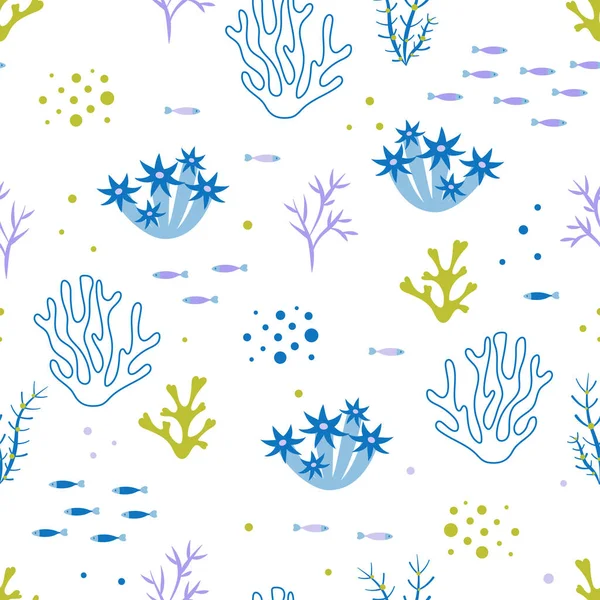 Vector Seamless Pattern Underwater Ocean Coral Reef Plants Aquatic Seaweeds — Stock Vector