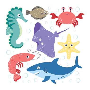karton deniz hayvanları seti, şirin komik yengeç, köpekbalığı, vatoz, karides, deniz atı, denizyıldızı ve dil balığı, vektör düz çizim