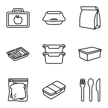 Beslenme çantası simgesi seti. Fast food. Götürün. Okul ya da iş için plastik kutu. Beyaz arkaplanda piktogram izole edildi.