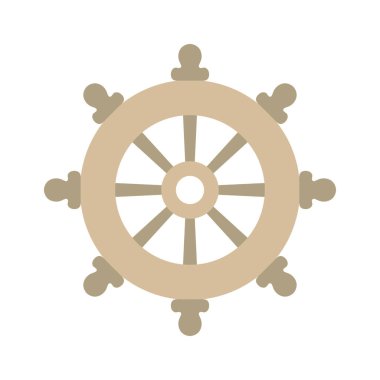 Yön bulma tekerinin düz vektör çizimi beyaz arka planda izole edilmiş, gemi direksiyonu, denizcilik navigasyon ve yön sembolü, ahşap dümen.