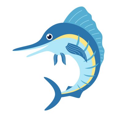 beyaz arka planda izole edilmiş şirin kılıçbalığı çizgi filmi, kılıçbalığı ile düz vektör çizimi