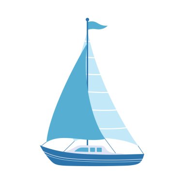Beyaz arka planda izole edilmiş şirin yelkenli çiziminin karikatür vektör çizimi, yelkenli tekne, düz stil deniz gemisi.