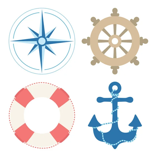 stock vector summer marine set with anchor, lifebuoy, compass and ship wheel isolated on white background, flat style