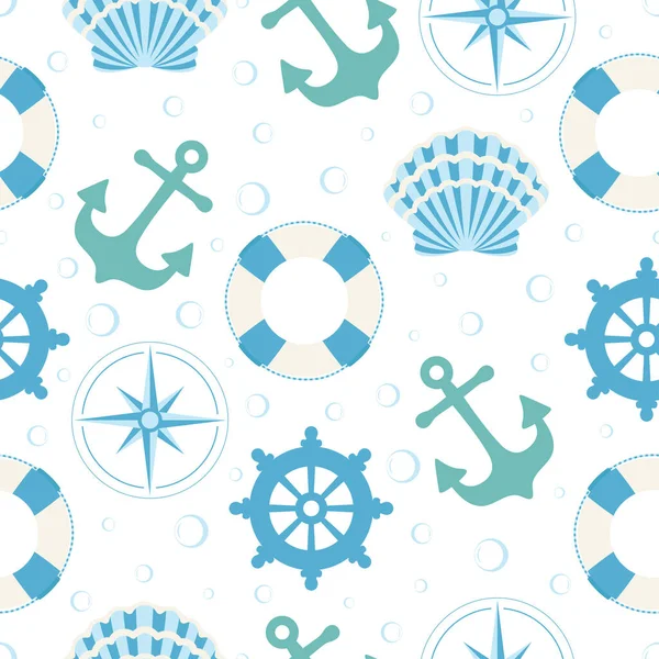 stock vector seamless pattern on marine theme, vector illustration in flat style, set of lifebuoy, shell, anchor, compass and helm