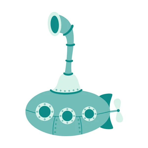 Милый Зеленый Мультфильм Подводная Лодка Перископом Плоские Красочные Векторные Иллюстрации — стоковый вектор