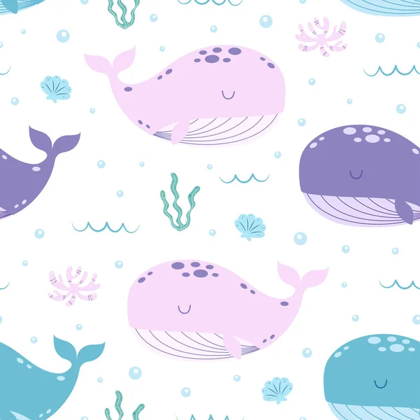 カラークジラと海草のシームレスなパターン漫画のベクトル海洋の背景 シンプルなフラットデザイン — ストックベクタ