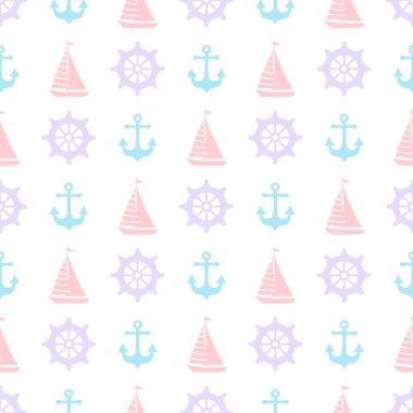 Beyaz zemin üzerinde çapa, direksiyon ve yelkenli, renklendirilmiş denizcilik temalı, ambalaj, arkaplan, kumaş, baskı, dekor, düz tasarım desenli vektörsüz desen