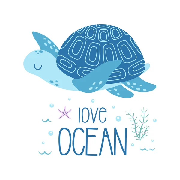 Cartaz Tartaruga Dos Desenhos Animados Cartão Bonito Com Animal Oceano — Vetor de Stock