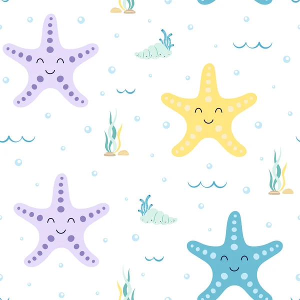 海の星や海藻とシームレスベクトルパターン 子供のための印刷 フラットデザインのためのかわいいテクスチャ — ストックベクタ