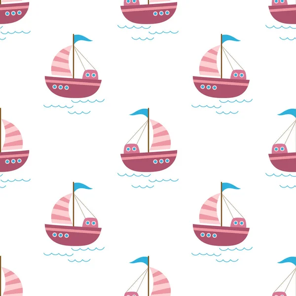 Sea Background Seamless Pattern Sailboats Waves Simple Flat Design Cartoon — Stock Vector