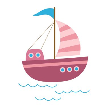 Çizgi film yelkenlisinin düz vektör çizimi beyaz, yelkenli ve su dalgaları düz bir teknede izole edilmiş.