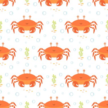 Beyaz arka planda İskandinav tarzında yengeç ve bitkilerle renklendirilmiş çocuksu desenler, çocuklar için karikatür baskısı, sualtı dünyası
