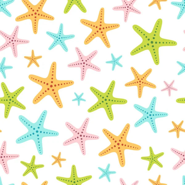 ヒトデのシームレスなベクトルパターン 吸盤付きの星の形をした水中動物 平らな漫画スタイル 白い背景の色の子供っぽいイラスト かわいい海の背景 — ストックベクタ