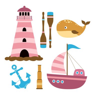 beyaz arkaplanda deniz feneri, tekne, balina, kürekler, çapa ve dürbün gibi düz arkaplan simgelerinin vektör ilülasyonu için nesneler dizisi