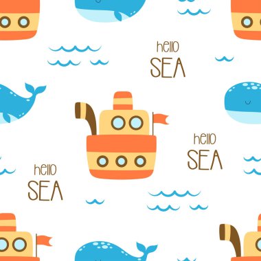 Buharlı gemi ve balina desenli şirin deniz bebek deseni, tekstil, kumaş, fidanlık, düz tasarım için kusursuz vektör deniz izi