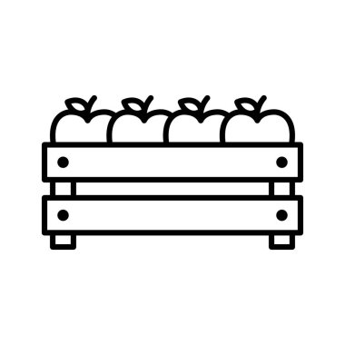 Elmalı tahta sandık. Elma hasadı. Beyaz arka planda piktogram izole edildi. Vektör illüstrasyonu.