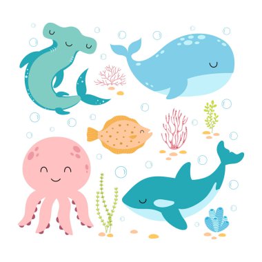 vector illustration with sea life elements, cartoon set of marine life objects for your design, flat poster with funny hammerhead, jellyfish, whale, orca and seaweed clipart