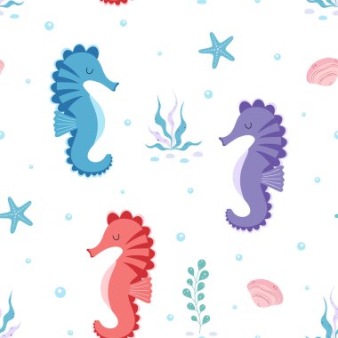 vector seamless pattern with cute sea horse on white background with sea plants in cartoon style, baby print with funny ocean animal, scandinavian style clipart