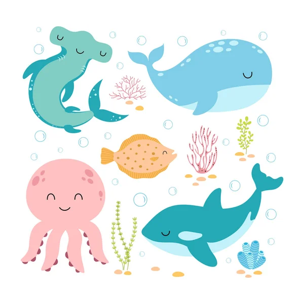 海の生物の要素でベクトルイラスト あなたのデザインのための海洋生物の漫画セット 面白いハンマーヘッドとフラットポスター クラゲ クジラ オルカと海藻 — ストックベクタ