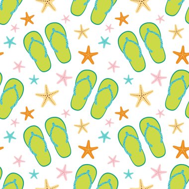 Parmak arası terlik ve deniz yıldızlı vektörsüz desen, tatil için yaz plajı aksesuarları, web tasarımı, ambalaj, duvar kağıdı, tekstil, kartpostallar, pazarlama için renkli basit baskı.