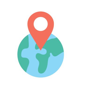 Dünya gezegeni, işaretçi ikonuyla. Dünya seyahati ya da GPS navigasyon konsepti. Dünya bağlantısı. Vektör illüstrasyonu