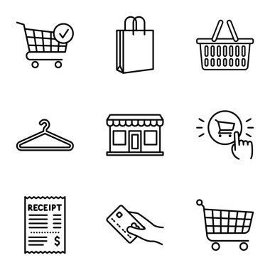 Perakende satış, market, restoran yemek dağıtım konsepti için taslak simgeleri. E-ticaret. Vektör illüstrasyonu beyaz arkaplanda izole edildi.