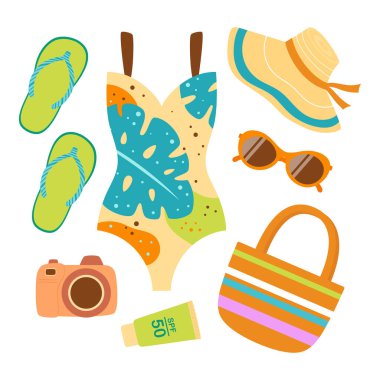 Yaz yolculuğu setinde kamera, parmak arası terlik, mayo, şapka, güneş kremi, çanta ve güneş gözlüğü, renkli vektör çizimleri, çizgi film stiliyle şirin çıkartmalar.