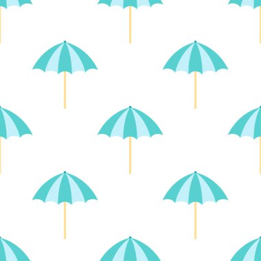 Beyaz zemin üzerinde retro tarzı plaj şemsiyesi olan kusursuz vektör deseni, baskı, poster, kumaş, duvar kağıdı, afiş, tekstil, ambalaj kağıdı, ambalaj kağıdı için sevimli yaz dokusu