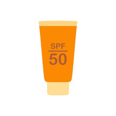 Beyaz zemin üzerinde izole edilmiş güneş kremi, anti-UV kremi ya da losyon içeren güneş kremi ürünü, çizgi film düz stili vektör illüstrasyonu