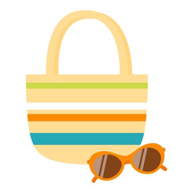 Beyaz arka planda izole edilmiş turuncu güneş gözlüklü kumsal sarı çantası, plaj ve deniz için yaz aksesuarları, düz vektör illüstrasyonu